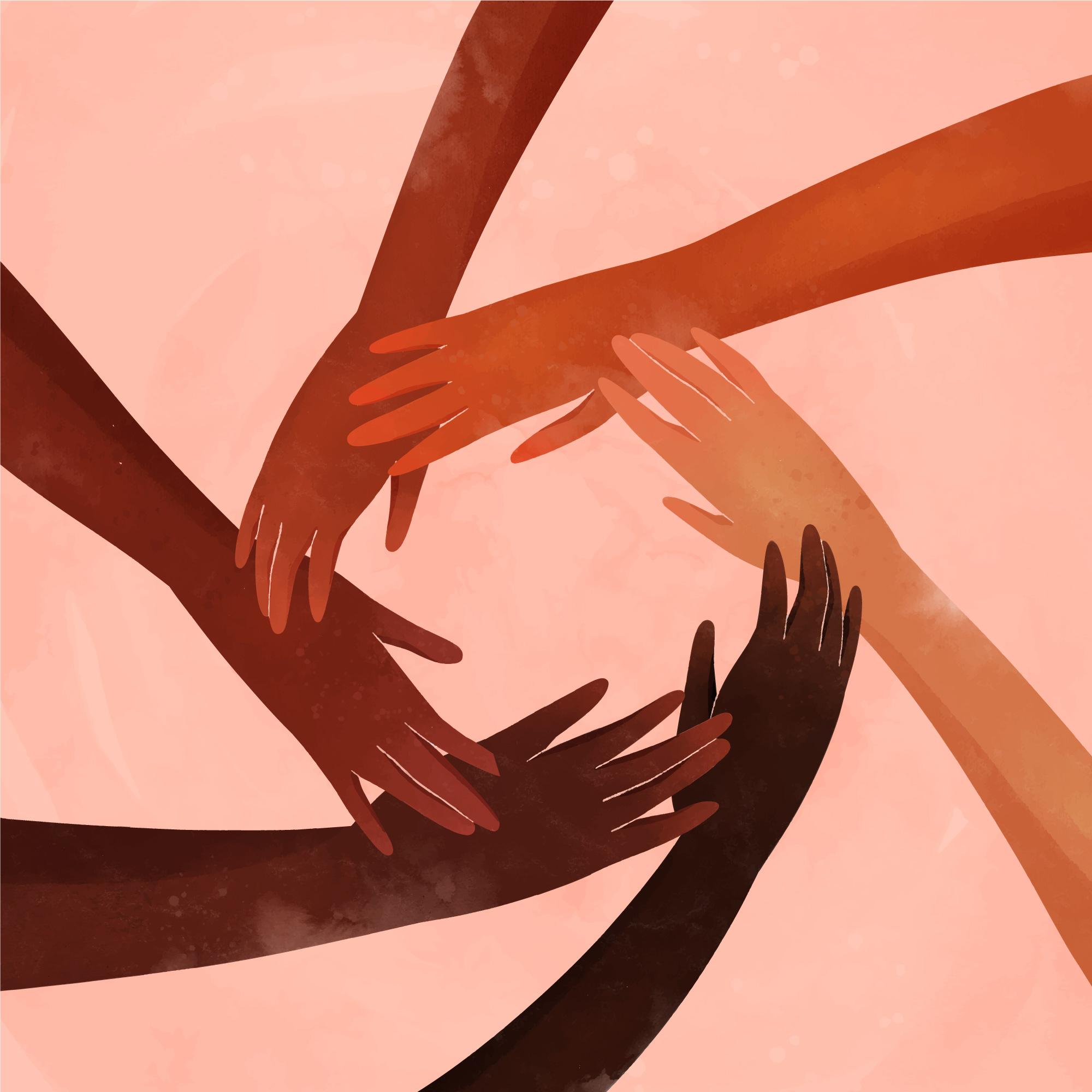 Vector people of color and caucasian peoples hands